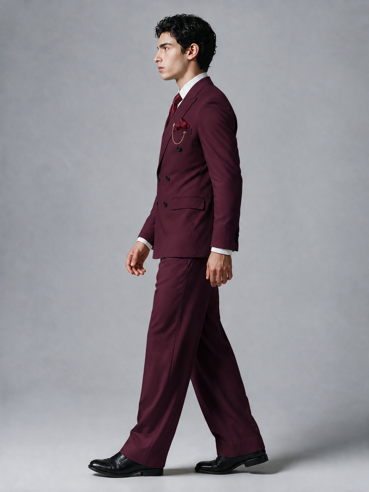 Savile Men's Burgundy Double-Breasted 2-Piece Suit Set – Peak Lapel Blazer & Pleated Wide-Leg Trousers - Burgundy - Burgundy_4