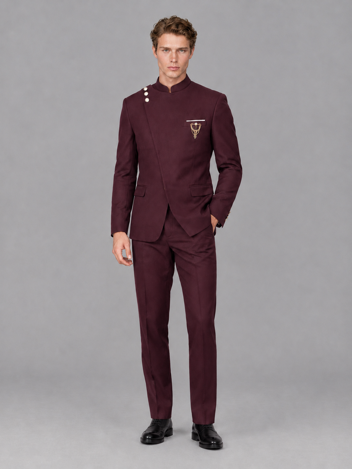 Savile Men's Burgundy Mandarin Collar Asymmetrical 2-Piece Suit Set – Modern Jacket & Trousers - Burgundy - Burgundy_4