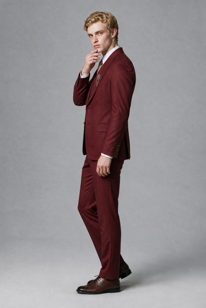 Savile Men's Burgundy Three-Piece Wedding Suit with Double-Breasted Waistcoat - Burgundy