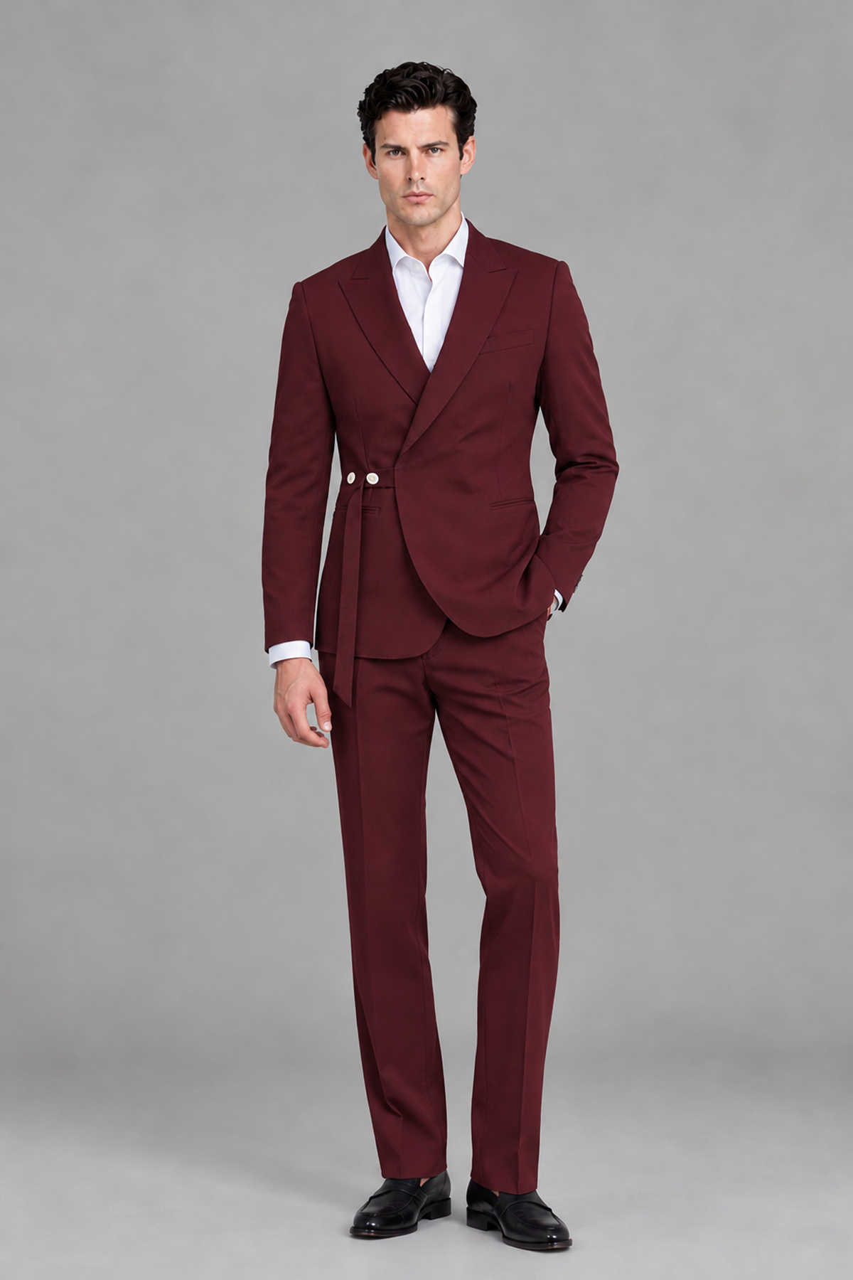 Savile Men's Modern Burgundy 2-Piece Wrap Suit Set – Peak Lapel Side-Button Blazer & Tailored Trousers - Burgundy - Burgundy_5
