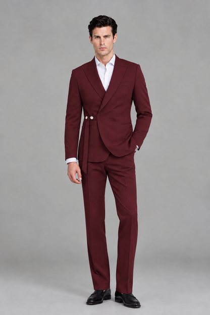 Savile Men's Modern Burgundy 2-Piece Wrap Suit Set – Peak Lapel Side-Button Blazer & Tailored Trousers - Burgundy - Burgundy_5