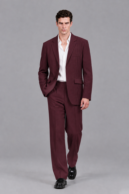 Savile Men's Burgundy Pleated 2-Piece Suit Set | Notch Lapel Blazer & Tailored Trousers - Burgundy - Burgundy_5