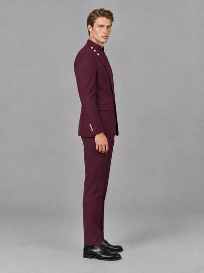 Savile Men's Burgundy Mandarin Collar Asymmetrical 2-Piece Suit Set – Modern Jacket & Trousers - Burgundy - Burgundy_5