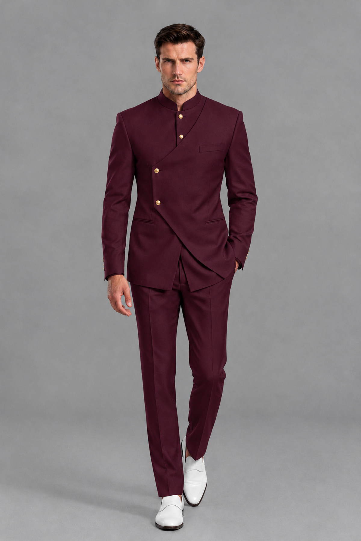 Savile Men's Burgundy Asymmetrical Mandarin Collar Tuxedo Suit – Modern 2-Piece Gold Button Wedding, Prom & Gala Set - Burgundy - Burgundy_5