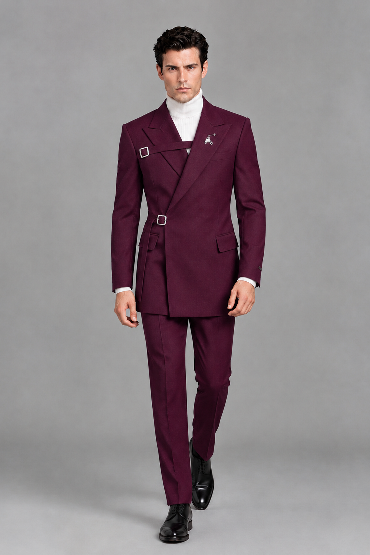 Savile Men's Burgundy Double Buckle Wrap Belted 2-Piece Suit Set – Peak Lapel Slim-Fit Jacket & Trousers - Burgundy - Burgundy_5