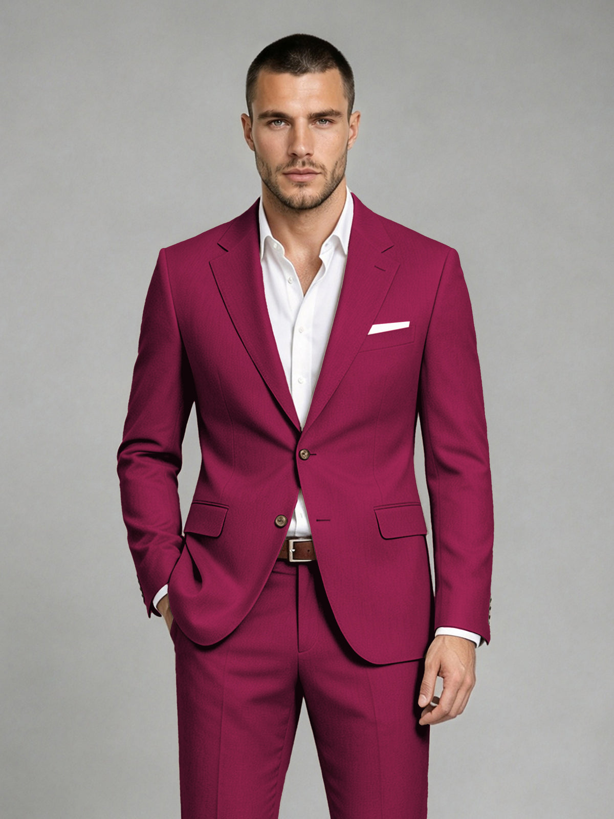Savile Men's Dark Burgundy Wool-Blend 2-Piece Suit Set – Two-Button Notch Lapel Slim-Fit Blazer & Turn-Up Trousers - Burgundy