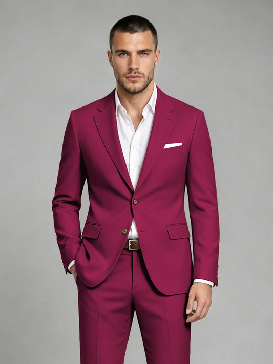 Savile Men's Dark Burgundy Wool-Blend 2-Piece Suit Set – Two-Button Notch Lapel Slim-Fit Blazer & Turn-Up Trousers - Burgundy