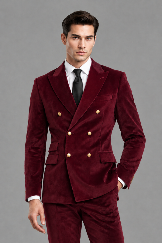 Savile Men's Burgundy Velvet Double-Breasted 2-Piece Suit Set | Peak Lapel Blazer & Trousers - Burgundy