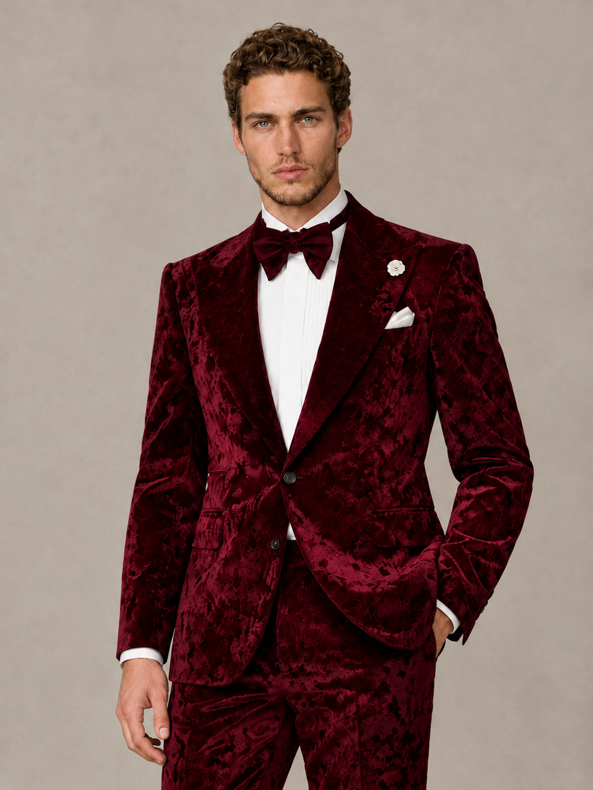 Savile Men's Burgundy Crushed Velvet Peak Lapel 2-Piece Suit Set | Jacket & Trousers - Burgundy - Burgundy (1)