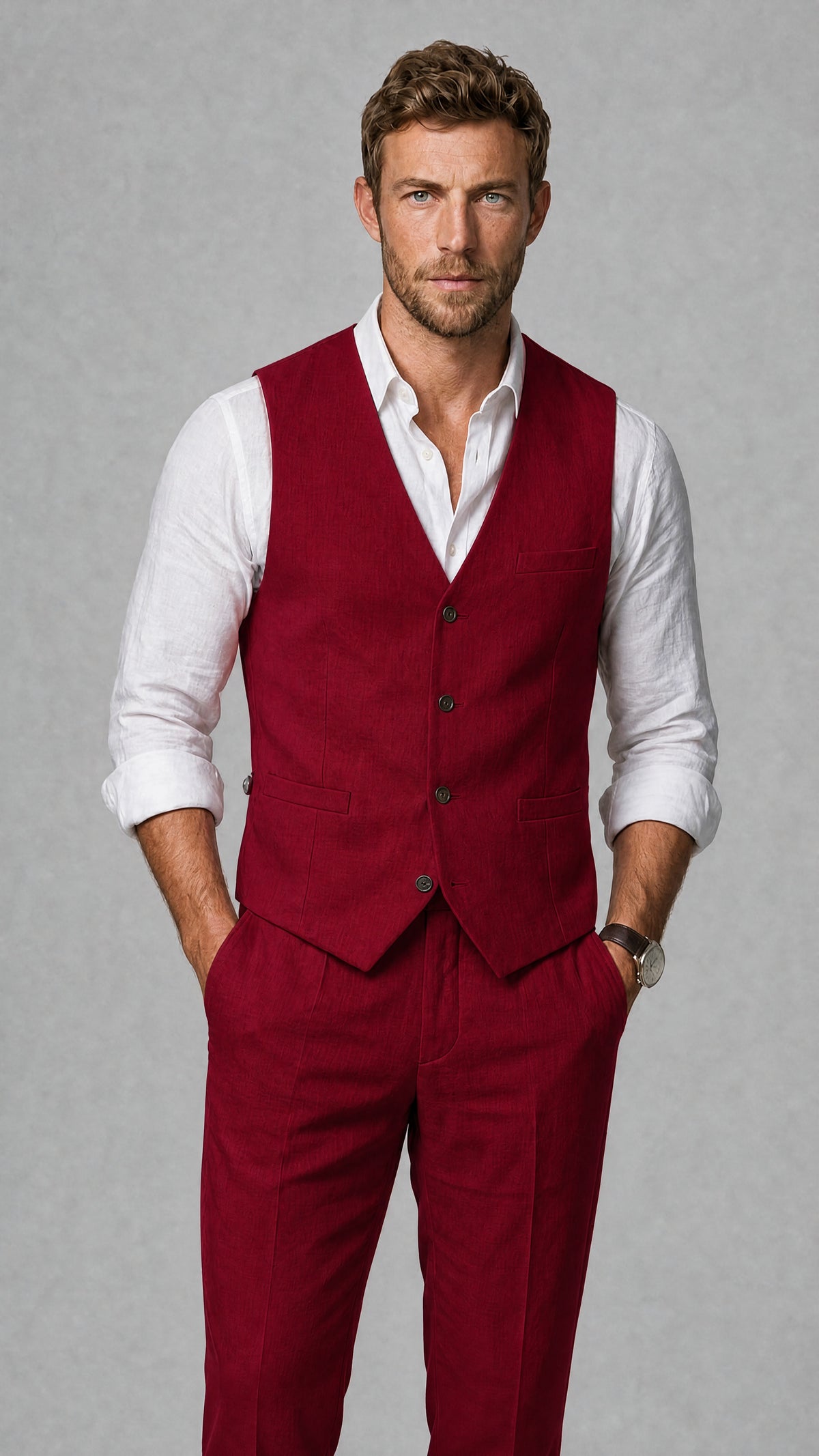 Men's Burgundy Linen Blend Single-Breasted V-Neck Suit Vest | Savile QX0101 - Burgundy