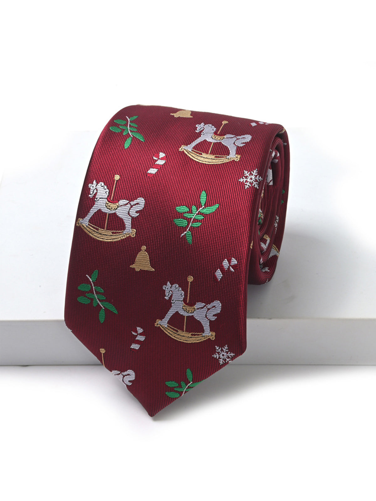 Savile Men's Christmas Holiday Rocking Horse Necktie – Festive Burgundy Classic Tie - Burgundy