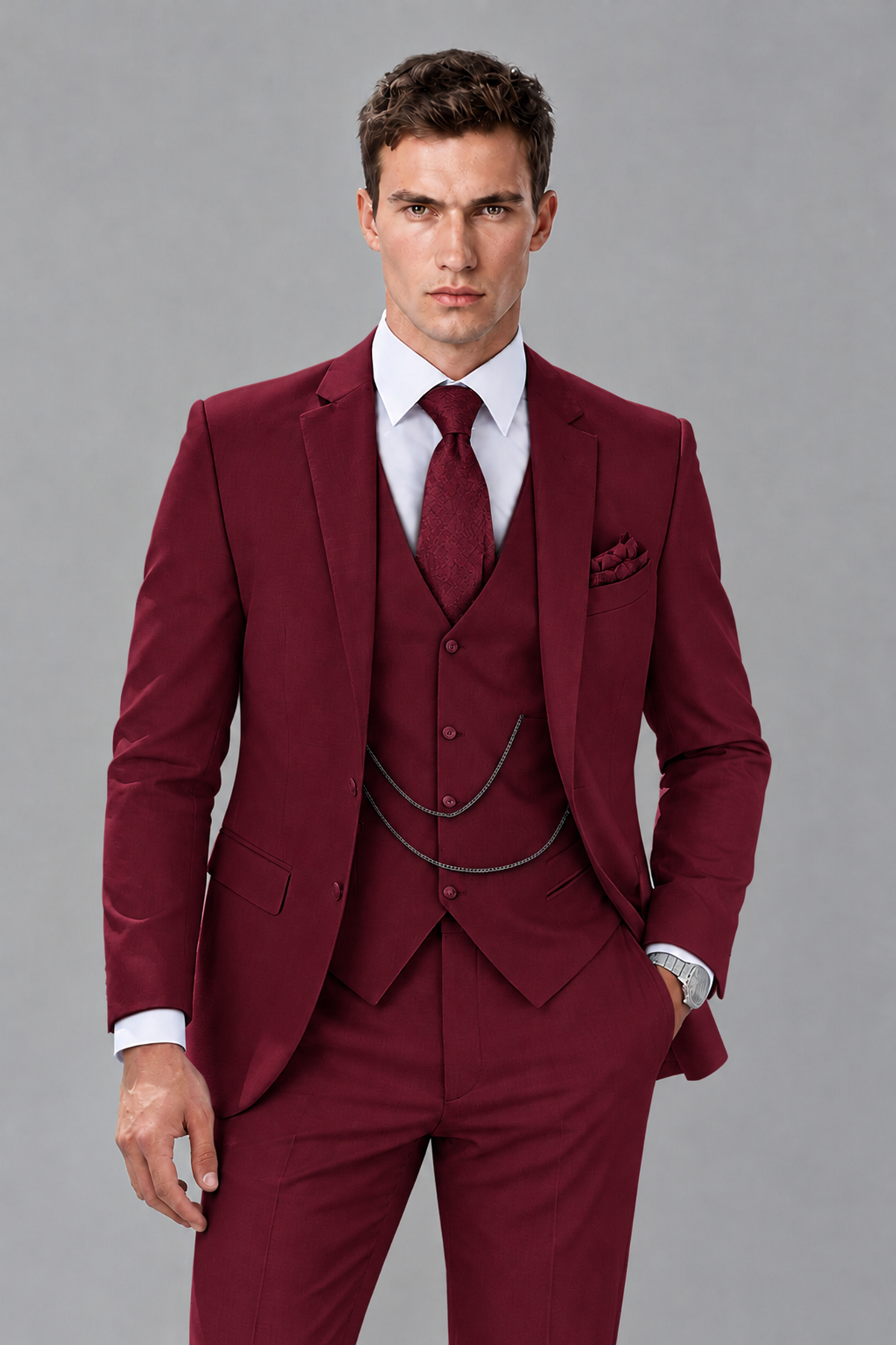 Savile Burgundy 3-Piece Suit with Notch Lapel & Chain Vest - Burgundy