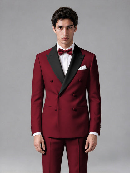 Men's Burgundy Double-Breasted Satin Peak Lapel Tuxedo Suit Set (Jacket + Trousers) - Burgundy