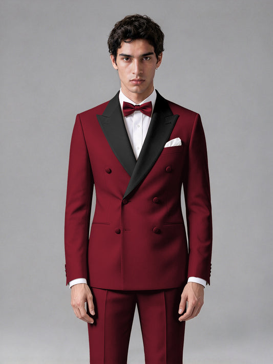 Men's Burgundy Double-Breasted Satin Peak Lapel Tuxedo Suit Set (Jacket + Trousers) - Burgundy