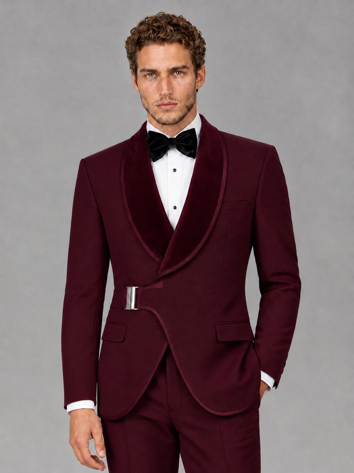 Savile Men's Burgundy Velvet Shawl Lapel Tuxedo Suit – Modern Side-Buckle Dinner Jacket & Trousers 2-Piece Set - Burgundy