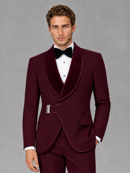 Savile Men's Burgundy Velvet Shawl Lapel Tuxedo Suit – Modern Side-Buckle Dinner Jacket & Trousers 2-Piece Set - Burgundy