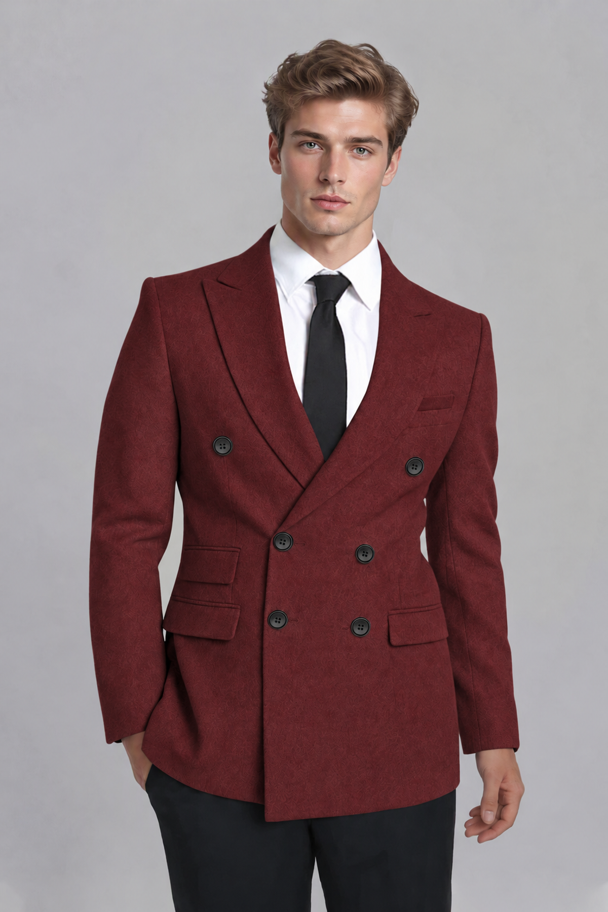 Savile Men's Burgundy Double-Breasted Peak Lapel Blazer - Burgundy