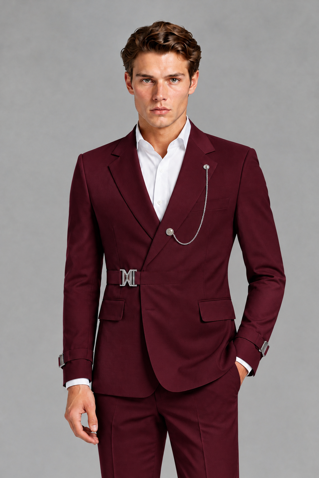 Savile Men's Burgundy Buckle-Closure 2-Piece Suit Set | Peak Lapel Blazer & Trousers - Burgundy