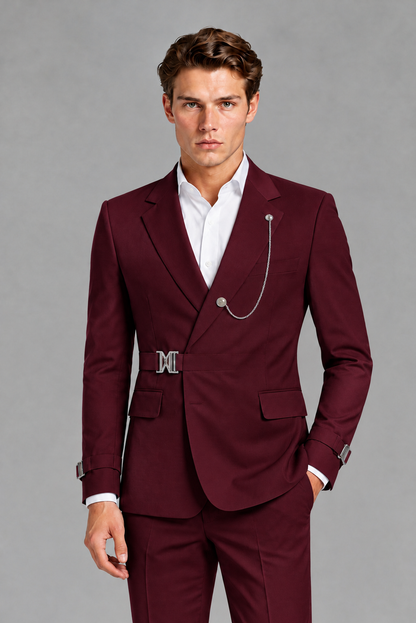 Savile Men's Burgundy Buckle-Closure 2-Piece Suit Set | Peak Lapel Blazer & Trousers - Burgundy