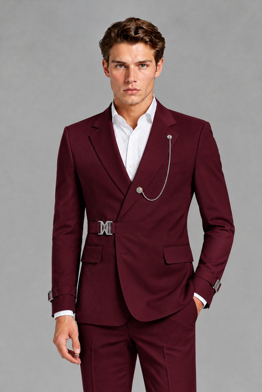 Savile Men's Burgundy Buckle-Closure 2-Piece Suit Set | Peak Lapel Blazer & Trousers - Burgundy