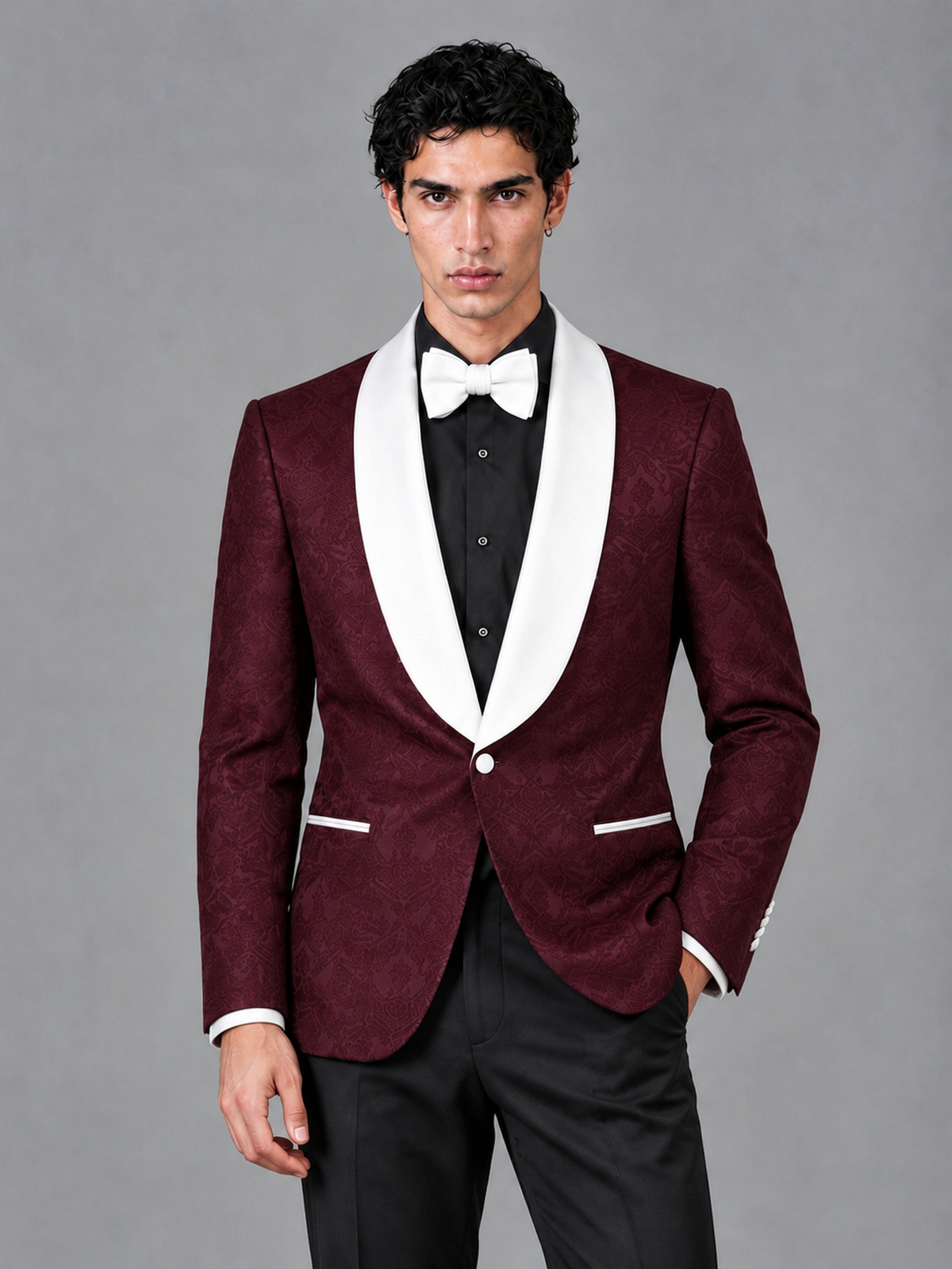 Savile Men's Burgundy Jacquard White Shawl Lapel 2-Piece Tuxedo Suit Set | Jacket & Trousers - Burgundy - Burgundy (1)