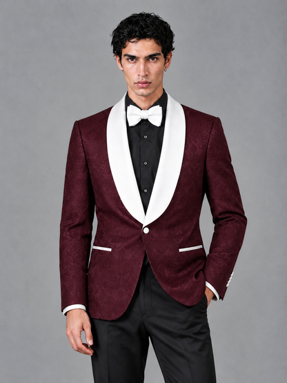 Savile Men's Burgundy Jacquard White Shawl Lapel 2-Piece Tuxedo Suit Set | Jacket & Trousers - Burgundy - Burgundy (1)