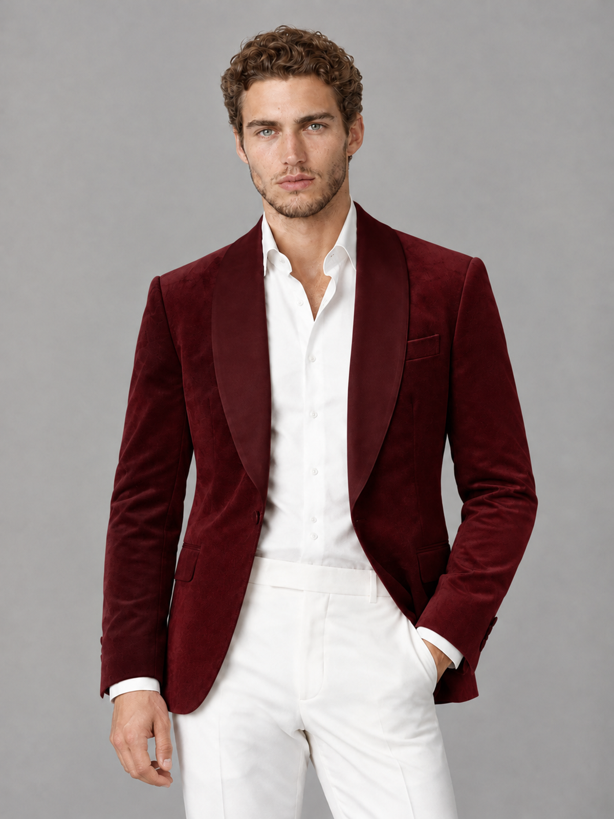 Savile Men's Burgundy Velvet Shawl Lapel 2-Piece Tuxedo Suit Set | Jacket & White Trousers - Burgundy - Burgundy (1)