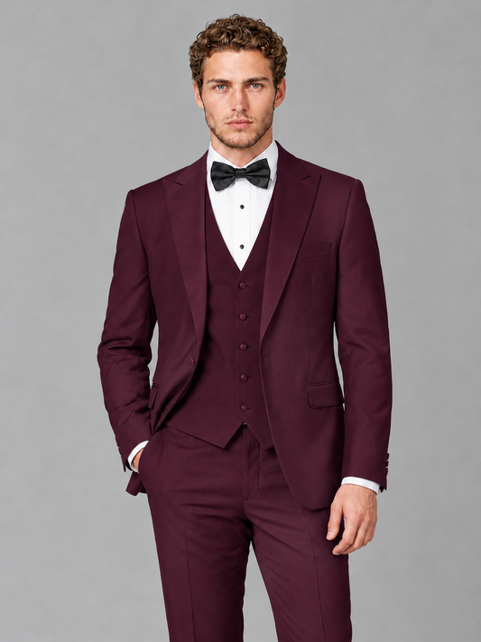 Savile Men's Burgundy Peak Lapel 3-Piece Tuxedo Suit | Jacket, Vest & Trousers - Burgundy