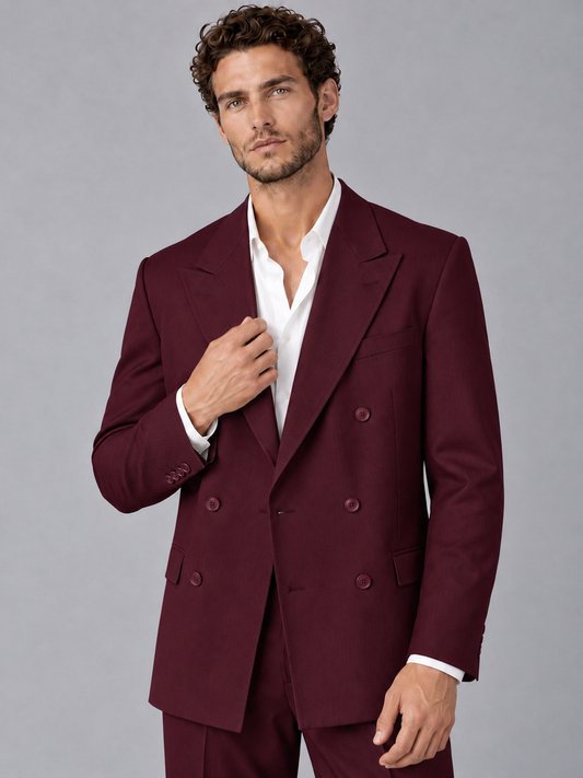 Savile Burgundy Beige Double-Breasted 2-Piece Suit with Peak Lapel - Burgundy