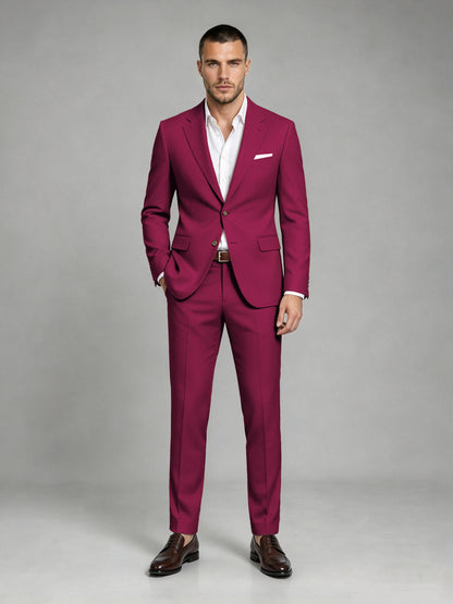Savile Men's Dark Burgundy Wool-Blend 2-Piece Suit Set – Two-Button Notch Lapel Slim-Fit Blazer & Turn-Up Trousers - Burgundy