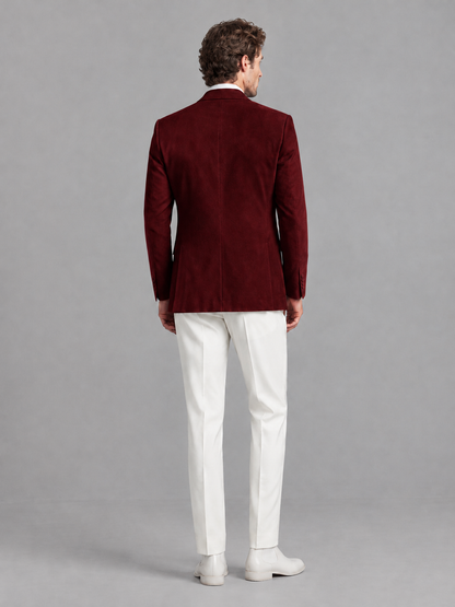 Savile Men's Burgundy Velvet Shawl Lapel 2-Piece Tuxedo Suit Set | Jacket & White Trousers - Burgundy - Burgundy (2)
