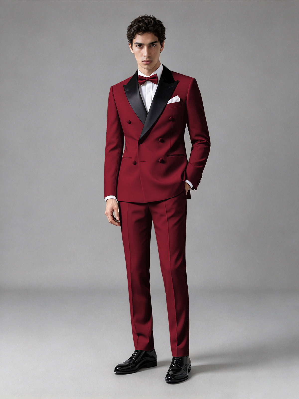 Men's Burgundy Double-Breasted Satin Peak Lapel Tuxedo Suit Set (Jacket + Trousers) - Burgundy