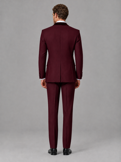 Savile Men's Burgundy Velvet Shawl Lapel Tuxedo Suit – Modern Side-Buckle Dinner Jacket & Trousers 2-Piece Set - Burgundy