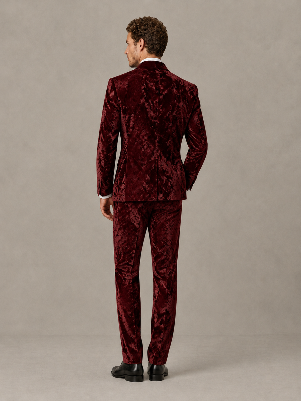 Savile Men's Burgundy Crushed Velvet Peak Lapel 2-Piece Suit Set | Jacket & Trousers - Burgundy - Burgundy (2)