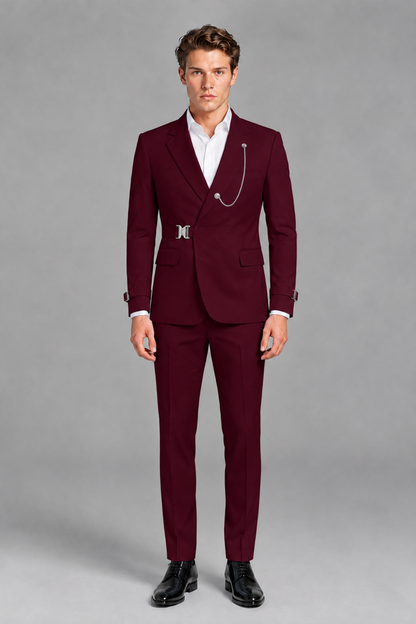 Savile Men's Burgundy Buckle-Closure 2-Piece Suit Set | Peak Lapel Blazer & Trousers - Burgundy
