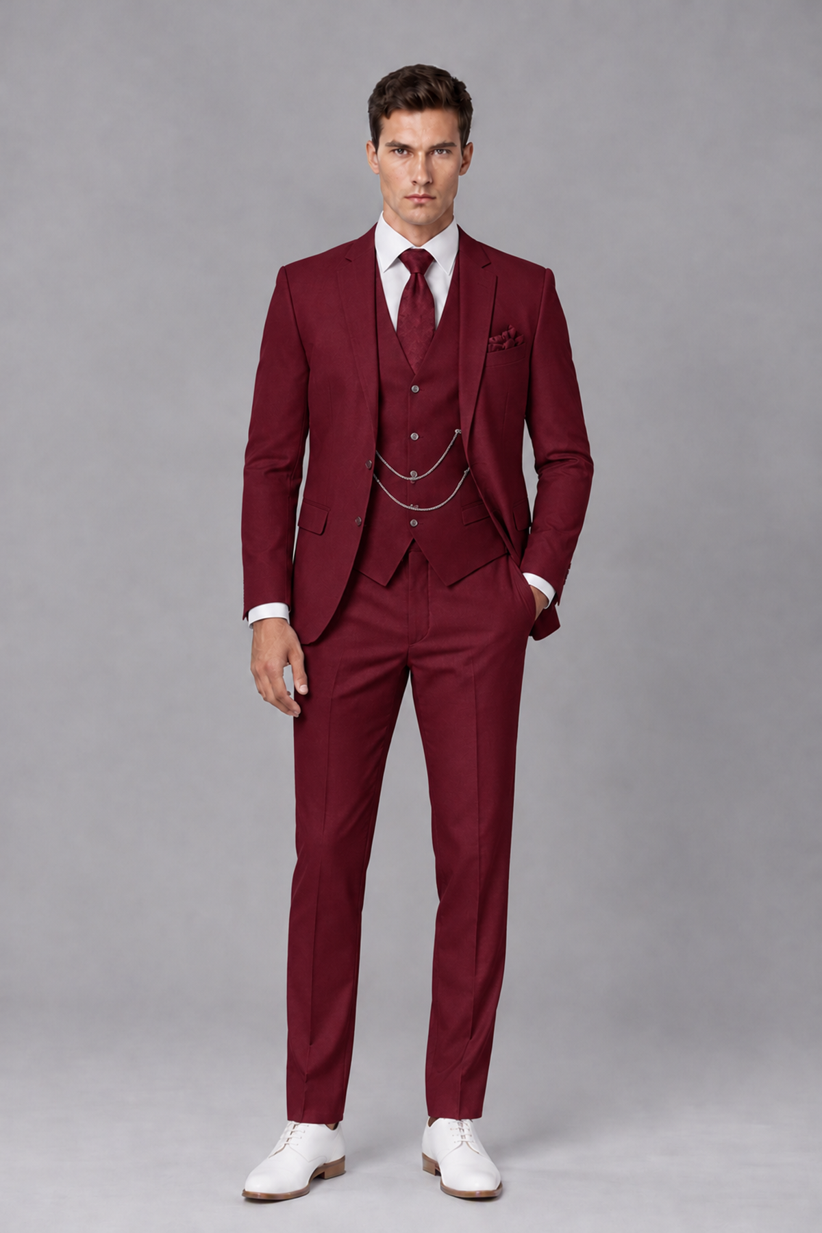 Savile Burgundy 3-Piece Suit with Notch Lapel & Chain Vest - Burgundy