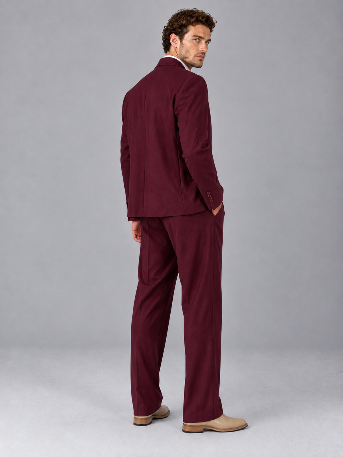 Savile Burgundy Beige Double-Breasted 2-Piece Suit with Peak Lapel - Burgundy