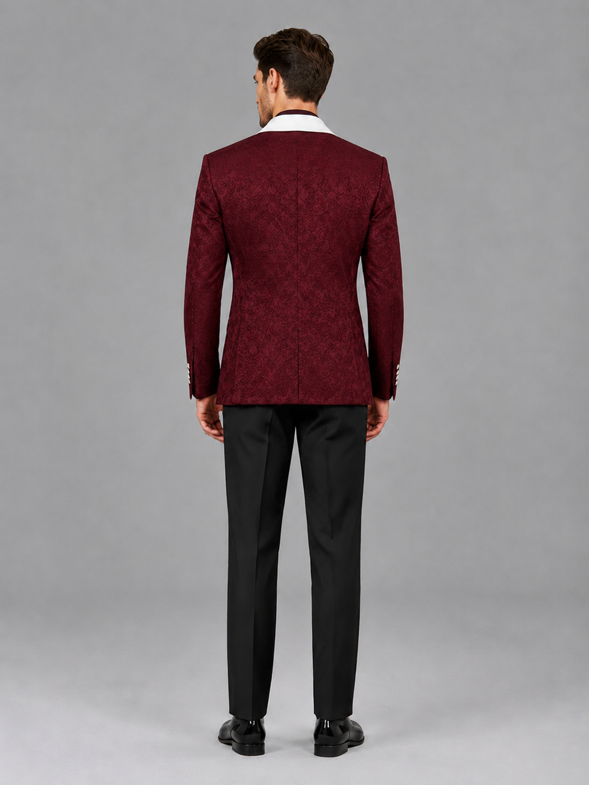 Savile Men's Burgundy Jacquard White Shawl Lapel 2-Piece Tuxedo Suit Set | Jacket & Trousers - Burgundy - Burgundy (2)