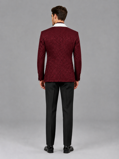 Savile Men's Burgundy Jacquard White Shawl Lapel 2-Piece Tuxedo Suit Set | Jacket & Trousers - Burgundy - Burgundy (2)