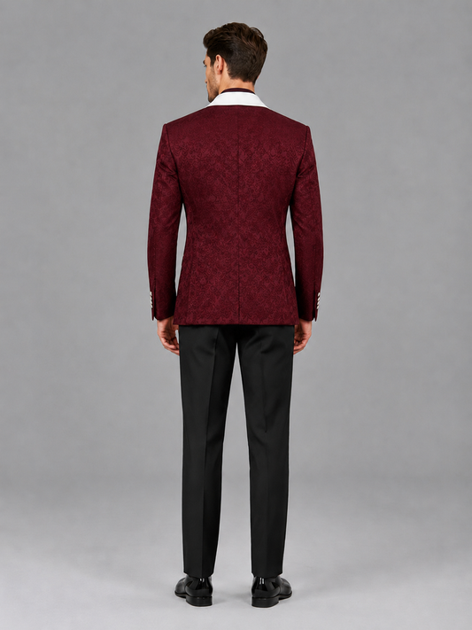 Savile Men's Burgundy Jacquard White Shawl Lapel 2-Piece Tuxedo Suit Set | Jacket & Trousers - Burgundy - Burgundy (2)