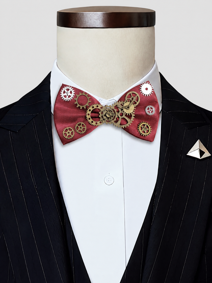 Savile Men's Steampunk Mechanical Gear Pre-Tied Bow Tie | Vintage Clockwork Burgundy Formal Neckwear - Burgundy - Burgundy (2)