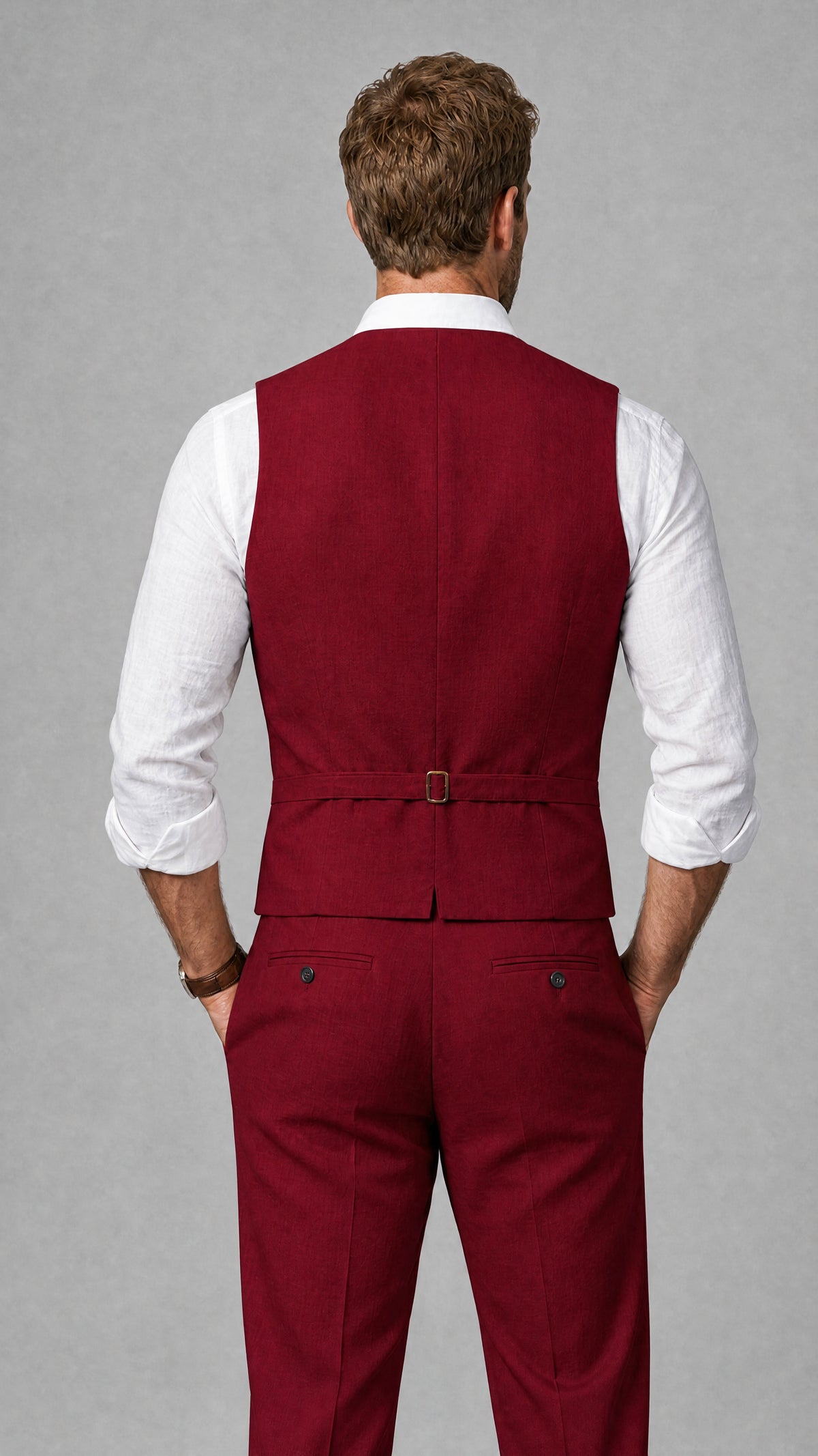 Men's Burgundy Linen Blend Single-Breasted V-Neck Suit Vest | Savile QX0101 - Burgundy