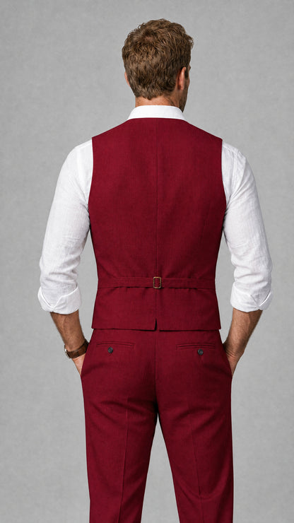 Men's Burgundy Linen Blend Single-Breasted V-Neck Suit Vest | Savile QX0101 - Burgundy