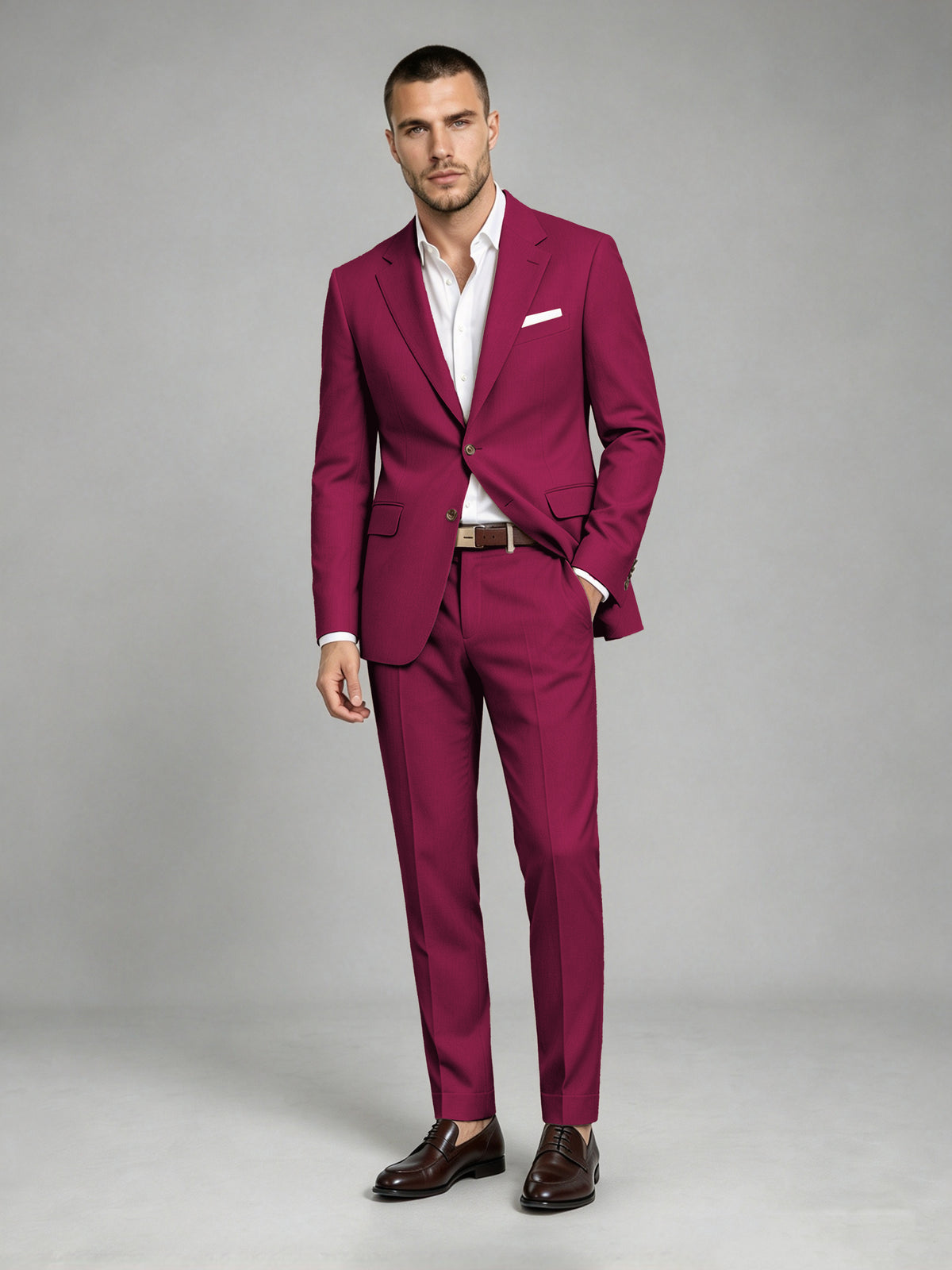 Savile Men's Dark Burgundy Wool-Blend 2-Piece Suit Set – Two-Button Notch Lapel Slim-Fit Blazer & Turn-Up Trousers - Burgundy
