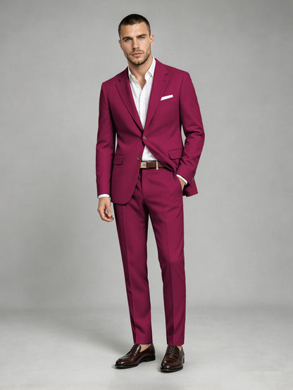 Savile Men's Dark Burgundy Wool-Blend 2-Piece Suit Set – Two-Button Notch Lapel Slim-Fit Blazer & Turn-Up Trousers - Burgundy