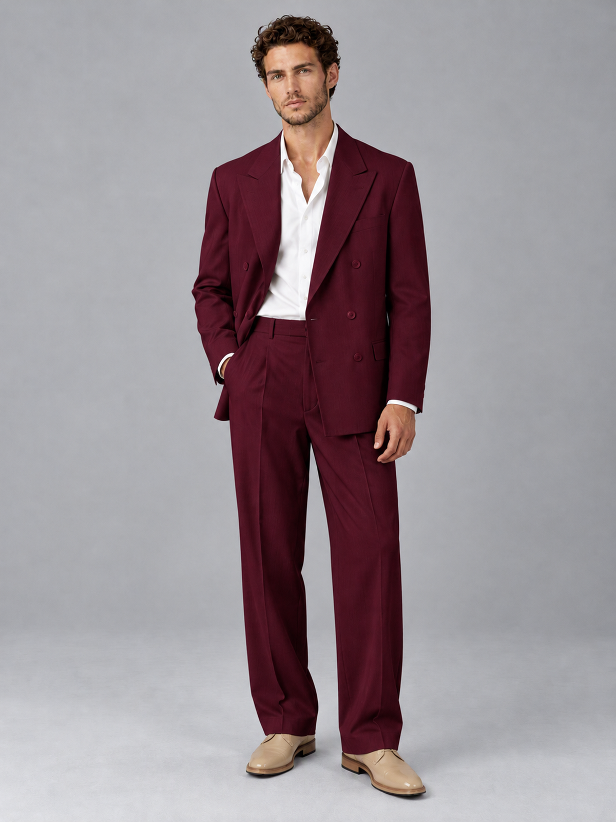 Savile Burgundy Beige Double-Breasted 2-Piece Suit with Peak Lapel - Burgundy
