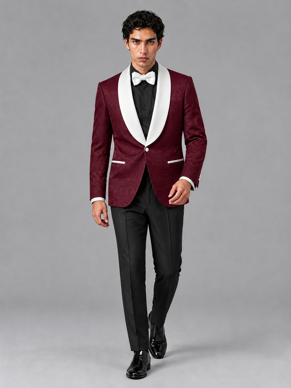 Savile Men's Burgundy Jacquard White Shawl Lapel 2-Piece Tuxedo Suit Set | Jacket & Trousers - Burgundy - Burgundy (3)