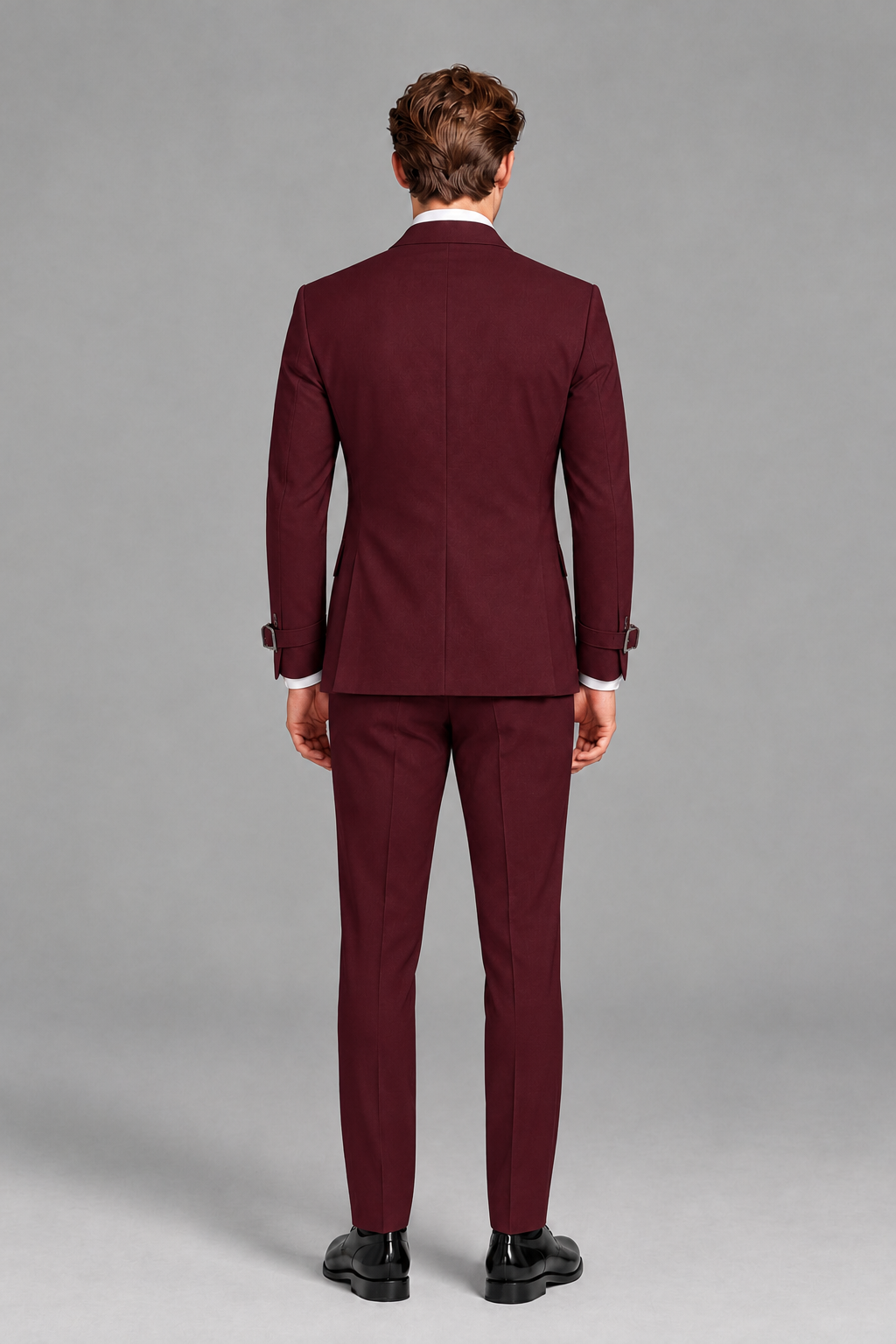 Savile Men's Burgundy Buckle-Closure 2-Piece Suit Set | Peak Lapel Blazer & Trousers - Burgundy