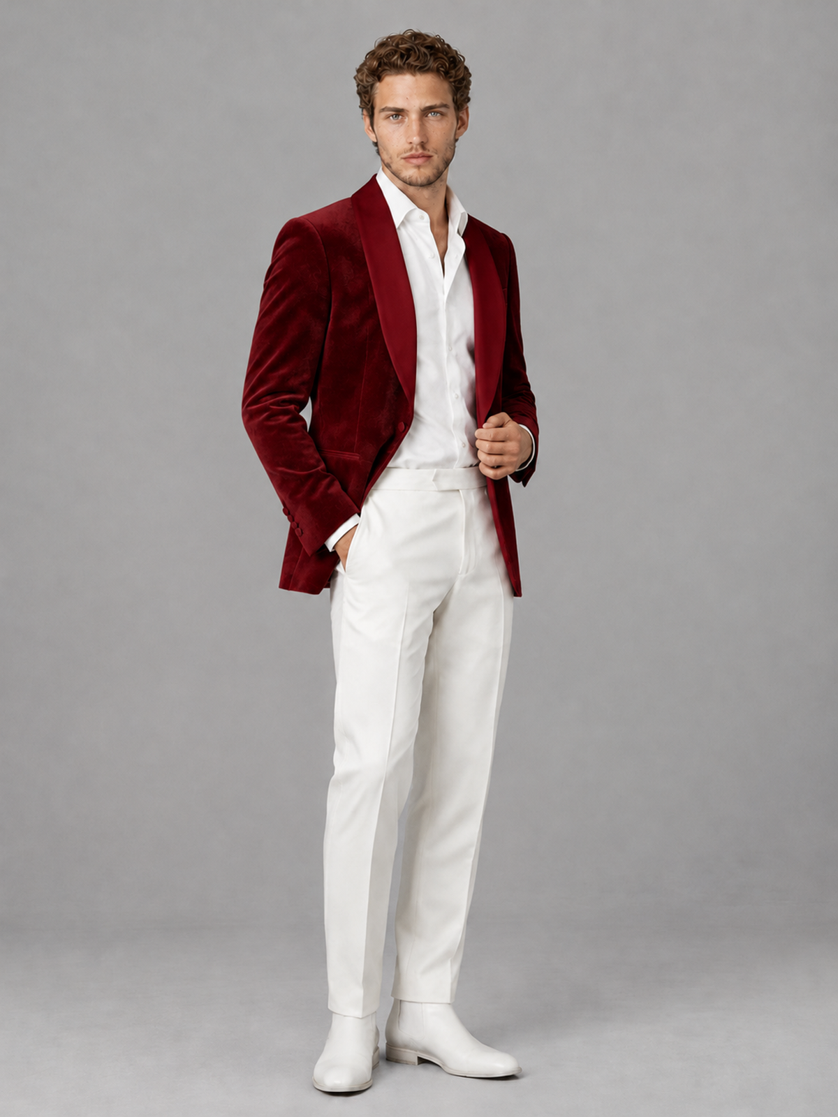 Savile Men's Burgundy Velvet Shawl Lapel 2-Piece Tuxedo Suit Set | Jacket & White Trousers - Burgundy - Burgundy (3)