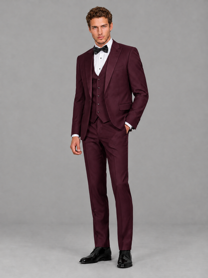 Savile Men's Burgundy Peak Lapel 3-Piece Tuxedo Suit | Jacket, Vest & Trousers - Burgundy